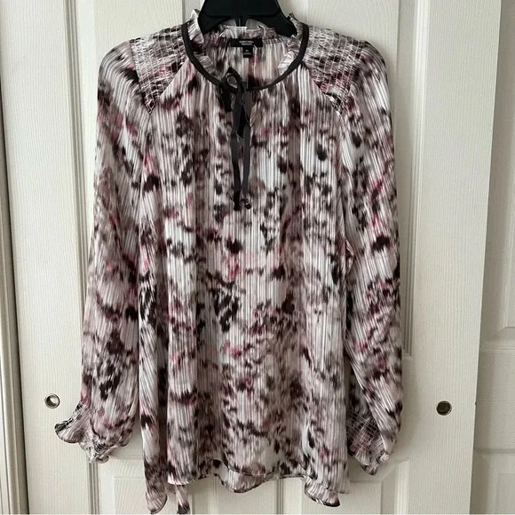 SIMPLYVERA Vera Wang Smocked Watercolor Chiffon Long Sleeves Tie Front Blouse XL - Picture 13 of 15
